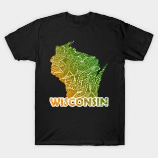 Colorful mandala art map of Wisconsin with text in green and orange T-Shirt